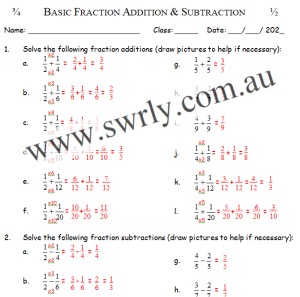 Basic Addition and Subtraction of Fractions ANSWERS