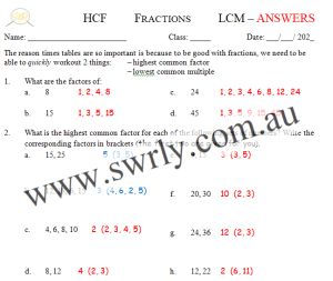 HCF & LCM Worksheet ANSWERS